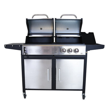 2+1 Burner Hybrid Gas and Charcoal BBQ Grill Stainless Steel