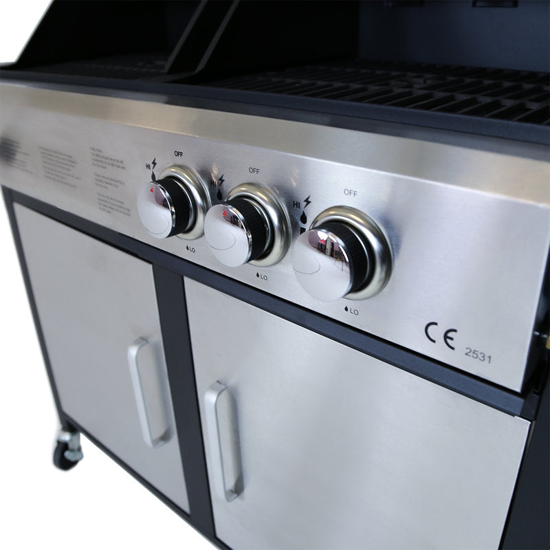 2+1 Burner Hybrid Gas and Charcoal BBQ Grill Stainless Steel