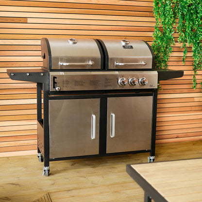 2+1 Burner Hybrid Gas and Charcoal BBQ Grill Stainless Steel