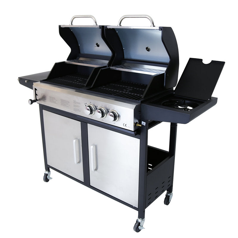 2+1 Burner Hybrid Gas and Charcoal BBQ Grill Stainless Steel