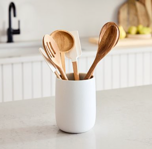 Ceramic Utensil Holder with Wooden Cooking Tools – Minimalist Kitchen Organizer